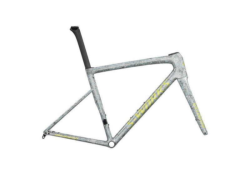 2025 SPECIALIZED TARMAC SL8 S-WORKS FRAMESET - 49, SATIN LIQUID SILVER / MULTI-COLOR DRY IMPASTO / GLOSS TEAM YELLOW TINT