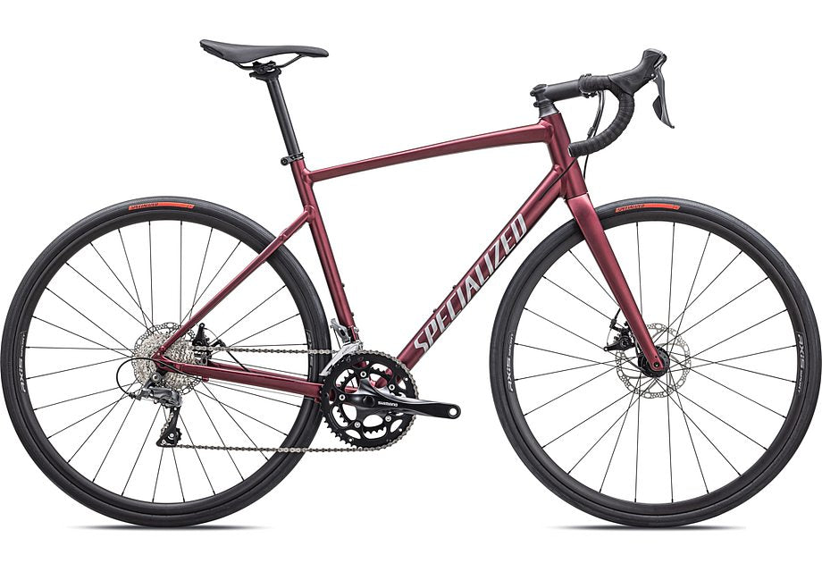 2024 SPECIALIZED ALLEZ E5 DISC BIKE - 56, SATIN MAROON/SILVER DUST/FLO RED