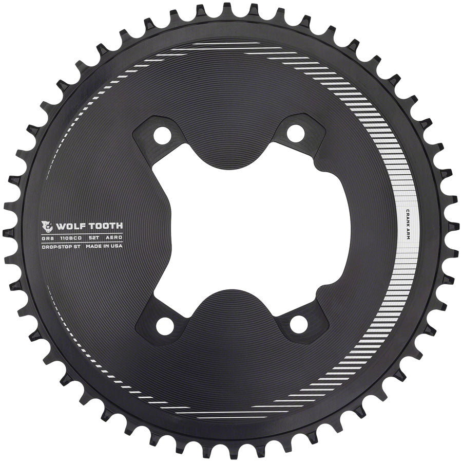 Wolf Tooth Aero 110 Asymmetric BCD Chainring - 52t 110 Asymmetric BCD 4-Bolt Drop-Stop ST For Shimano GRX 800 Series BLK