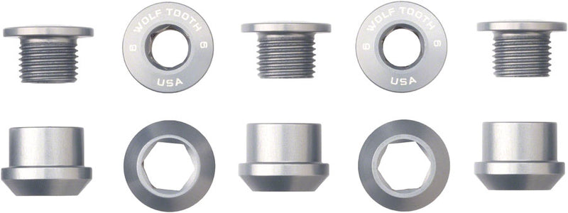 Wolf Tooth 1x Chainring Bolt Set - 6mm Dual Hex Fittings Set/5 Raw Silver