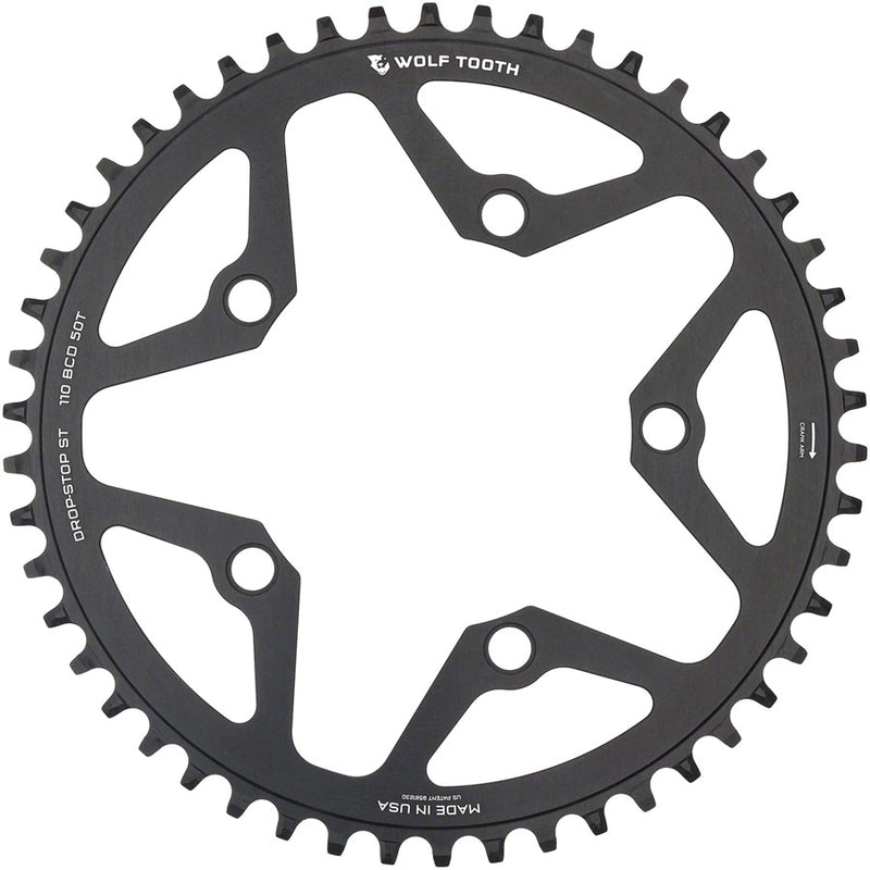 Wolf Tooth 110 BCD Gravel CX Road Chainring - 48t 110 BCD 5-Bolt Drop-Stop ST For Shimano HG+ KMC 12-Speed Chains BLK