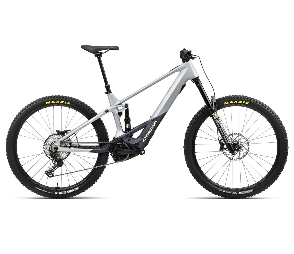 2024 Orbea WILD M20 20mph Enduro Mountain E-Bikes - Small, Halo Silver-Tanzanite Carbon View (Matte)