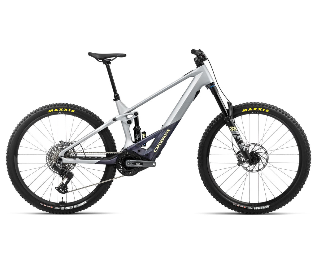 2024 Orbea WILD M11-AXS 20mph Enduro Mountain E-Bikes - Small, Halo Silver-Tanzanite Carbon View (Matte)