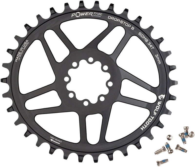 Wolf Tooth Elliptical Direct Mount Chainring - 34t, SRAM Direct Mount, Drop-Stop B, For SRAM 8-Bolt Cranksets, 3mm Offset, Black