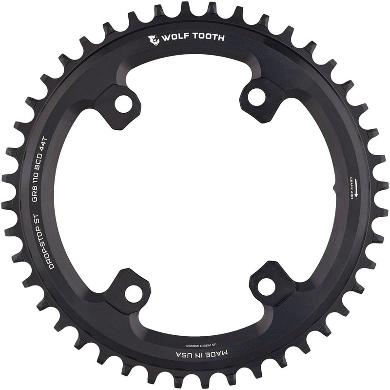 Wolf Tooth Shimano 110 Asymmetric BCD Chainring - 44t 110 Asymmetric BCD 4-Bolt Drop-Stop ST For Shimano GRX Cranks BLK