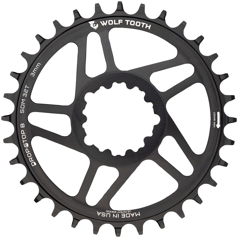 Wolf Tooth Direct Mount Chainring - 36t, SRAM Direct Mount, Drop-Stop B, For SRAM 3-Bolt Boost Cranks, 3mm Offset, Black