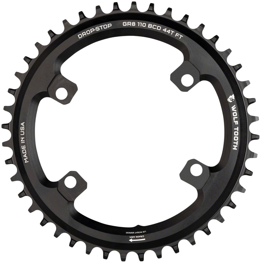 Wolf Tooth Shimano 110 Asymmetric BCD Chainring - 42t, 110 Asymmetric BCD, 4-Bolt, Drop-Stop Flattop, For Shimano GRX Cranks, Black