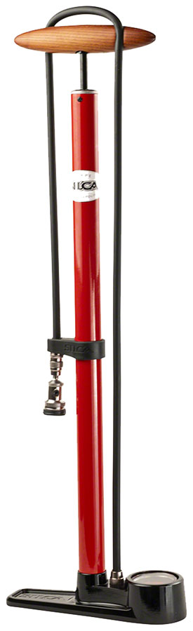 Silca Pista Floor Pump - Steel Body, Compact Ash Wood Handle, 220psi, Classic Press-On Chuck, Red