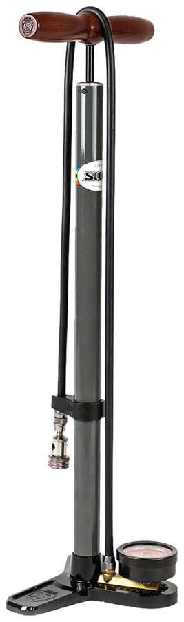 Silca Pista Plus Floor Pump - Steel Body, Ash Wood Handle, 220psi, Classic Press-On Chuck, Black