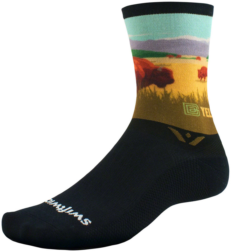 Swiftwick Vision Six Impression National Park Socks - 6 inch, Yellowstone Bison, Small